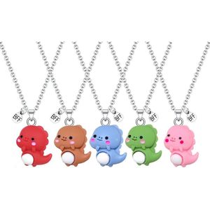 Bixorp Friends BFF Ketting voor 5 met Schattige Dino - Blauw, Groen, Roze, Rood & Bruin - Dinosaurus met ei - 45cm + 5cm verstelbaar