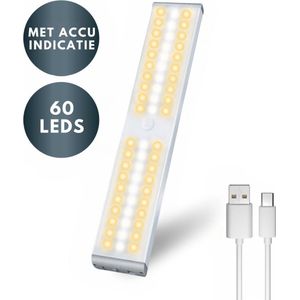 AXIMO Kastverlichting met Bewegingssensor – USB oplaadbaar en Accu indicatie - 60 LED Warm White/Cool White - Keukenverlichting onderbouw - Instelbare sterkte - Draadloos