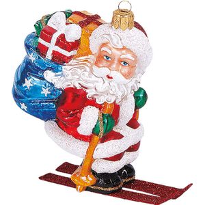 Viv! Christmas Kerstornament - Skiënde Kerstman - mond geblazen glas - rood blauw wit - 10cm