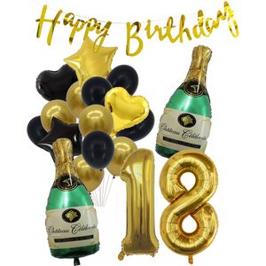 18 Jaar Verjaardag Cijferballon 18 - Feestpakket Snoes Ballonnen Pop The Bottles - Zwart Goud Groen Versiering