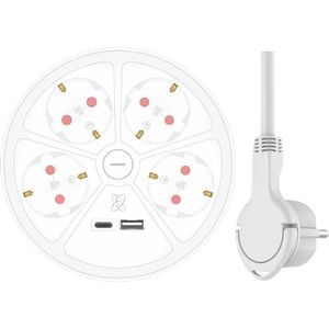 6-Voudige Design Stekkerdoos met 1,5m Kabel en Schakelaar – 4 x Stopcontact + USB + USB-C – Kinderbeveiliging – Geaarde Stekker – Max. 3680 W – TÜV-Getest