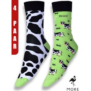 More Fashion - Heren Sokken - Multipack 4 Paar - Maat 41 42 43 - Leuk Asymmetrisch Dieren Print - Kleurrijk - Katoen - Naadloos - Koe Melk Cow Milk - MADE IN EU
