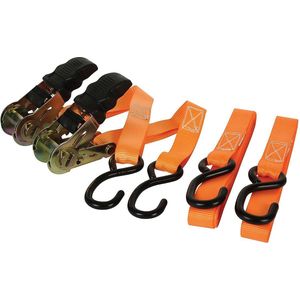 Toolland Set spanbanden, 2 stuks, tweedelig, met rubberen ratelgreep en vinyl S-haken, voor het vastzetten van lichte ladingen, max. 500 kg, polyester, oranje, 5 m x 25 mm