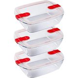 Cook & Heat Rechthoekige Schaal Met Magnetronbestendige Deksel - Set van 3 Stuks - Glas - Pyrex