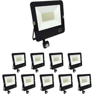 50W LED Projector Twilight Bewegingsmelder Extra Plat IP65 ZWART (10 stuks) - Wit licht - Aluminium - Zwart - Pack de 10 - Wit Neutre 4000K - 5500K - Zwart - SILUMEN