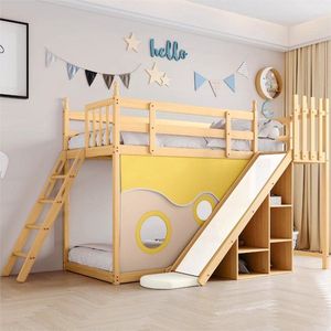 frame van dennen, Stapelbed, Houten bed met trap en hekken, met bedgordijn, glijbaan en plank, Kinderbed met valbeveiliging en rooster, Natuurlijk 90x200cm