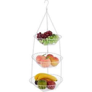 hangende fruitmand, HxØ: 73 x 28 cm, 3 lagen, staal, draadmand voor fruit & groente, fruitschaal etagère, wit
