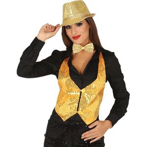 Verkleed set voor dames - gilet/vlinderstrikje/hoed - goud - pailletten - one size - carnaval
