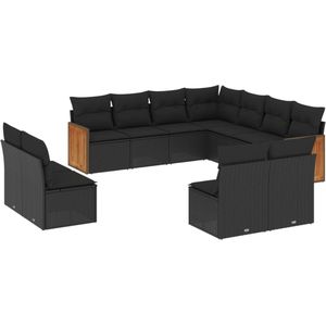 The Living Store 11-delige Loungeset met kussens poly rattan zwart - Loungebank - Tuinset - Lounge Set - Buitendining - Tuinmeubels