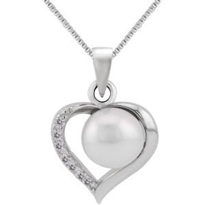 Zilveren ketting vrouw | Zilveren ketting met hanger, hart met parel en Zirkonia kristallen
