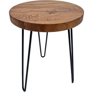 Bijzettafel van iepenhout - rond / 40 cm - massief houten salontafel met 3 poten van metaal - decoratieve houten bank tafel bloemen kruk iep massief