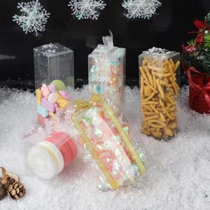 30 stuks pvc-geschenkdozen, transparant, pvc, inklapbaar, voor snoep, koekjes, chocolade, transparante verpakking met twee rollen gouden en zilveren linten (4 x 4 x 12 cm)