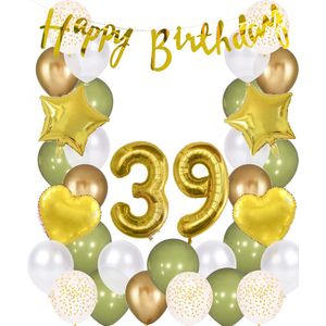 Snoes Ballonnen 39 Jaar Wit Olijf Groen Goud Mega Ballon - Compleet Feestpakket 39 Jaar - Verjaardag Versiering Slinger Happy Birthday – Folieballon – Latex Ballonnen - Helium Ballonnen - Olive Green Verjaardag Decoratie