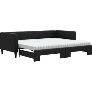 vidaXL - Slaapbank - met - onderschuifbed - en - matrassen - 90x200 - cm - stof - zwart