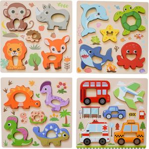 Houten Puzzelset 4 stuks voor Kinderen – Best4Juniors Educatieve 3D Inlegpuzzels 8x8 cm – Houten Speelgoed Cadeau – Voertuigen, Zeeleven, Dieren & Dinosaurussen, het perfecte cadeau voor verjaardagen, babyshowers en kerst
