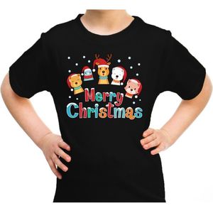 Foute kerst shirt / t-shirt dierenvriendjes Merry christmas zwart voor kinderen - kerstkleding / christmas outfit 164/176