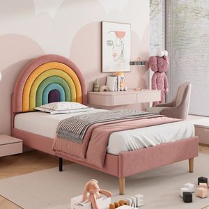 Gestoffeerd bed 90*200, met lattenbodem en hoofdbord, jeugdbed, voor volwassenen & tieners, houten lattenbodem, eenvoudige montage, in hoogte verstelbaar hoofdbord, fluweel, roze