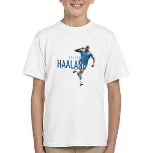 Erling Haaland - Kinder shirt wit tekst blauw - Kinder T-Shirt - Maat 98/104 - T-Shirt leeftijd 3 tot 4 jaar - Grappige teksten - Cadeau - Shirt cadeau - Voetbal tekst- verjaardag