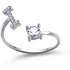 Ring met letter I - Ring met steen - Aanschuifring - Zilver kleurig - Ring Zilver dames - Cadeau voor vriendin - Vrouw - Sieraad meisje - Mooie ring tieners - Alfabet ring I - Ring met initiaal