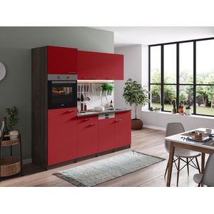 Goedkope keuken 205  cm - complete keuken met apparatuur Oliver  - Donker eiken/Rood  - elektrische kookplaat - vaatwasser  - oven  - spoelbak