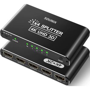 Sounix HDMI splitter - 1 in 4 uit - Ondersteunt 4K@30Hz - 3D - HD 1080p - 4 poorts - Aluminium -Zwart