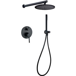 KTN® - Bagnolux - Inbouw Regendouche Set - Black Edition - Wanduitloop Ronde Hoofddouche 25 cm - Glijstang Mat Zwart