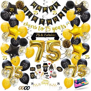 Fissaly 75 Jaar Verjaardag Decoratie Versiering - Ballonnen – Helium, Latex & Papieren Confetti Ballonnen- Zwart en Goud