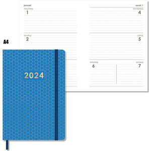 MGPcards - Agenda 2024 - A4 (30,5x21,5 cm) - Foliedruk - Week op 2 pagina's - Ruime Vakken - Blauw Honingraat