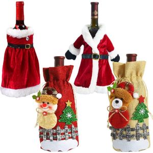 Kerstfles voor wijnfles, jurk, kerstman, wijnfles, cover, tas, tafelfles, decoratietassen met touwgrepen voor Kerstmis, feestdecoratie, thuis, bureaudecoratie, Rode jurk stijl + wijnfleshoes,