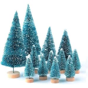 28 stuks kunstkerstboom, mini-kerstboom, miniatuur, decoratie, tafel, binnen, mini, van sisal, sneeuwvorst, bomen, fles, borstel, bomen (turquoise)