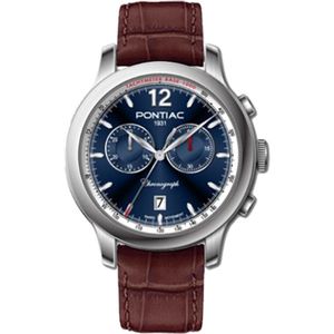 Pontiac - Horloge - Henry 43 mm Roestvrij Staal Blauw Bruin Leder P40031