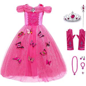 Het Betere Merk - Prinsessenjurk meisje - Roze vlinders - Verkleedkleren meisje - Maat 104/110 (110) - Toverstaf - Kroon - Tiara - Juwelen - Roze handschoenen - Roze jurk - Fuchsia - Carnavalskleding kinderen - Kleed