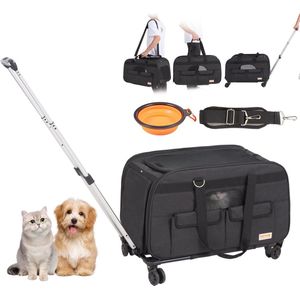 Whoopr® - Reismand Kat en Hond - Huisdier Drager Trolley - Ademend Reistas met Telescopische Handgreep, Wielen en Schouderriem - Draagbare Rugzak - Draagtas Honden - Perfect voor Uitgaan en Reizen met Honden en Katten