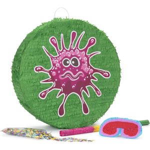 Lumaland - ""Beat the Virus"" Pinata set incl. pinata blinddoek, stok en 50 gr confetti - 50x50x15 cm - Groen/Rood