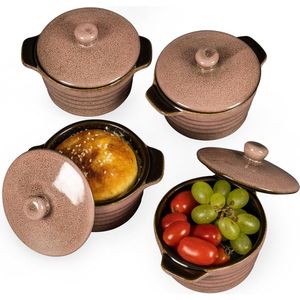 Mini Stoneware Cocottes, 250 ml Ramekins, Souffle Cases with Lid, Set of 4 Small Casserole Dish, Creme Brulee Bowls, Reactive Pink