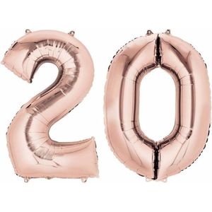 20 jaar rose gouden folie ballonnen 88 cm leeftijd/cijfer - Leeftijdsartikelen 20e verjaardag versiering - Heliumballonnen