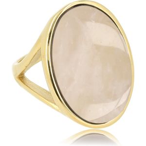My Bendel - Grote gouden ring met ronde Rozen quartz edelsteen - Unieke gouden statement ring voor dames met Rose Quartz edelsteen - Met luxe cadeauverpakking