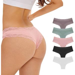 5 Pack - Sexy Dames Slip met Kant - Nude, Roze, Zwart, Groen en Wit - Onderbroek 95% Katoen - Dames Lingerie / Ondergoed Set - Brazilian String - Maat M