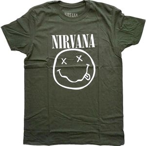Nirvana - White Happy Face Heren T-shirt - L - Groen