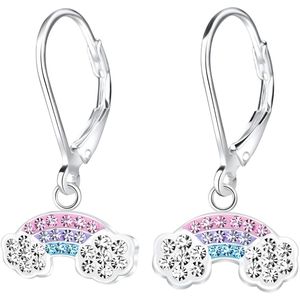 Joy|S - Zilveren regenboog bedel oorbellen - roze paars blauw kristal - leverback sluiting
