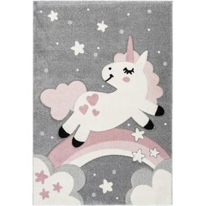 Tapijtenloods Amigo Kinderkamer Vloerkleed Unicorn Laagpolig Grijs Roze- 160x230 CM