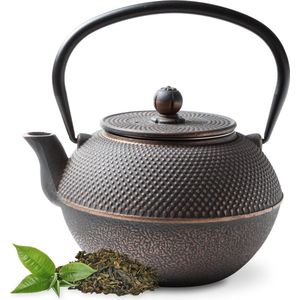 Tealøv THEEPOT GIETIJZER 1,1 Liter | GIETIJZEREN THEEPOT Arare in Japanse Stijl | Met Uitneembare Roestvrijstalen Theezeef | Binnenzijde Volledig Geëmailleerd | Zwart / Koper