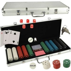 Swissbex - Pokerset - 500 CHIPS - Zilveren koffer 500-delige Poker Set - Geschikt voor 2-9 Spelers - Inclusief Pokerkaarten en Dobbelstenen