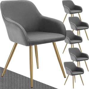 tectake® Stoel - Gestoffeerde woonkamerstoel met cordlook/ribstof - Designstoel, loungestoel - Draagvermogen tot 120kg - Set van 6 - Div kleuren - grijs/goud