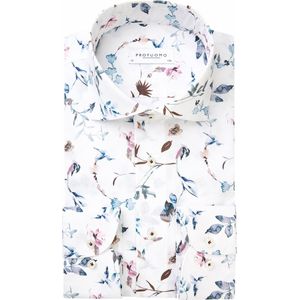 Profuomo slim fit heren overhemd - popeline - wit met blauw en roze dessin - Strijkvriendelijk - Boordmaat: 38