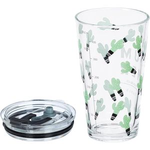 Drinkglazen, set van 4, cactusmotief, deksel en rietje, schaal van 450 ml, glazen bekers voor kinderen, sapglas, transparant