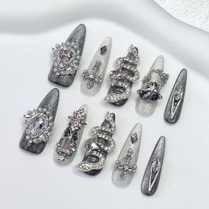 Press On Nails - Handgemaakte Press On Nagels - Zwart Zilver Lange Almond Nagels - Midnight Majesty - Maat M