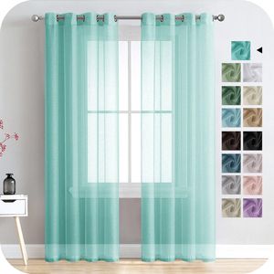 Vitrage, voile stof, halfdoorzichtig, kort, met ingestanste ringen, linnenlook, voor woonkamer, slaapkamer, kinderkamer, turquoise, 225 x 140 cm (h x b), 2-delige set