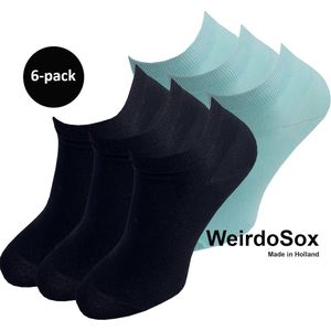 WeirdoSox Bamboe naadloze sneaker sokken Zwart / Mintgroen - Anti zweet - Anti bacterieel - Dames en heren - 6 Paar - Maat 35/38