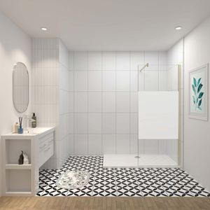 80x200cm inloopdouche, 8mm midden wit gematteerd gehard glas met explosieveilige folie, stabilisatiestang 140cm (kan worden gesneden), goud.